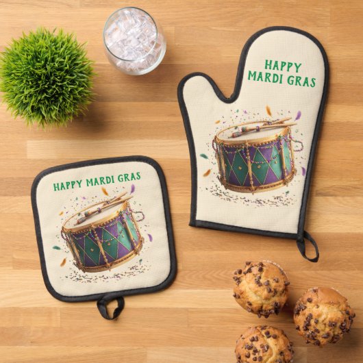 Mardi Gras Festive Drum 鍋つかみ&鍋敷きセット (トップダウン)
