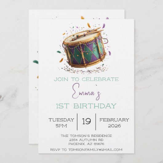 Mardi Gras Festive Drum Birthday 招待状 (正面/裏面)