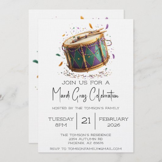 Mardi Gras Festive Drum Celebration 招待状 (正面/裏面)