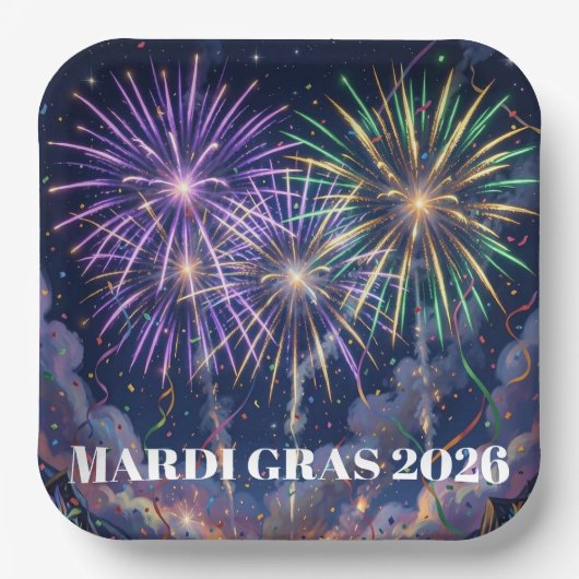 Mardi Gras Fireworks Personalize Party  ペーパープレート (正面)