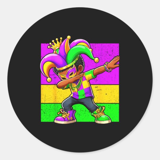Mardi Gras Funny Dabbing Black Boy Jester Hat Kid  ラウンドシール (正面)