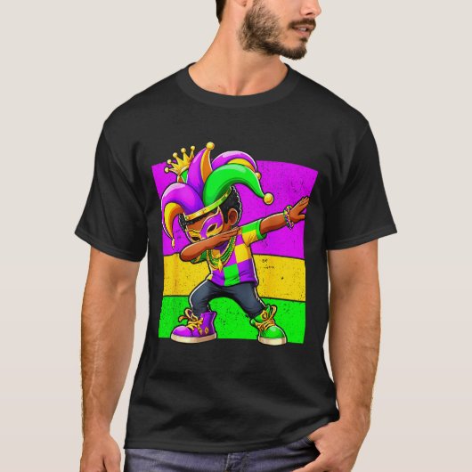 Mardi Gras Funny Dabbing Black Boy Jester Hat Kid  Tシャツ (正面)