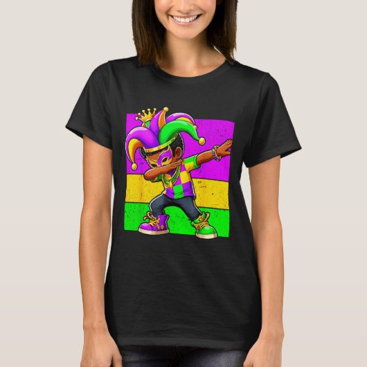 Mardi Gras Funny Dabbing Black Boy Jester Hat Kid  Tシャツ (正面)