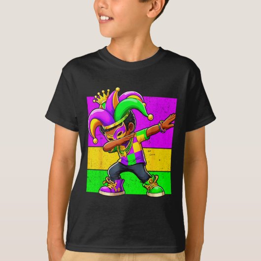 Mardi Gras Funny Dabbing Black Boy Jester Hat Kid  Tシャツ (正面)