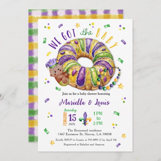 Mardi Gras Gender Reveal Dark Skin Tone 招待状 (正面/裏面)