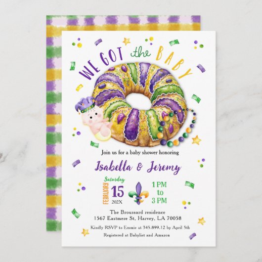 Mardi Gras Gender Reveal Lt Skin Tone Invitation 招待状 (正面/裏面)