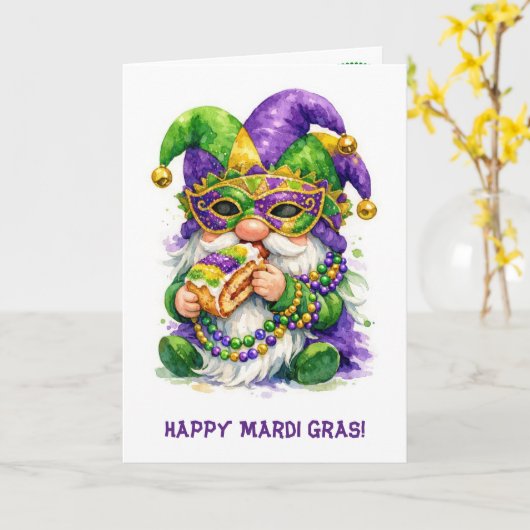 Mardi Gras Gnome Eating King Cake カード (黄色い花)