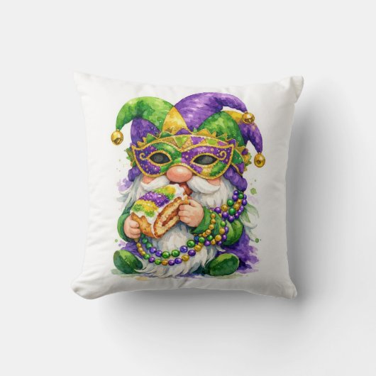 Mardi Gras Gnome Eating King Cake クッション (正面)