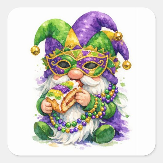 Mardi Gras Gnome Eating King Cake スクエアシール (正面)