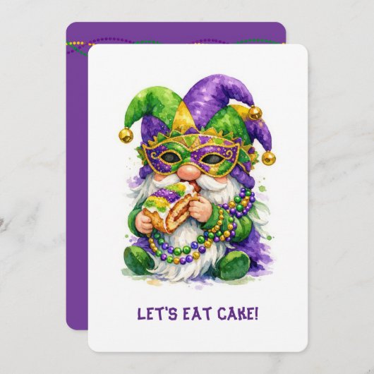 Mardi Gras Gnome Eating King Cake 招待状 (正面/裏面)