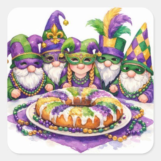Mardi Gras Gnome Party With King Cake スクエアシール (正面)