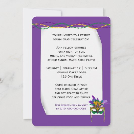 Mardi Gras Gnome with King Cake 招待状 (裏面)