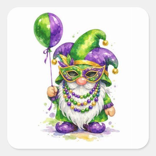 Mardi Gras Gnome With Party Balloon スクエアシール (正面)