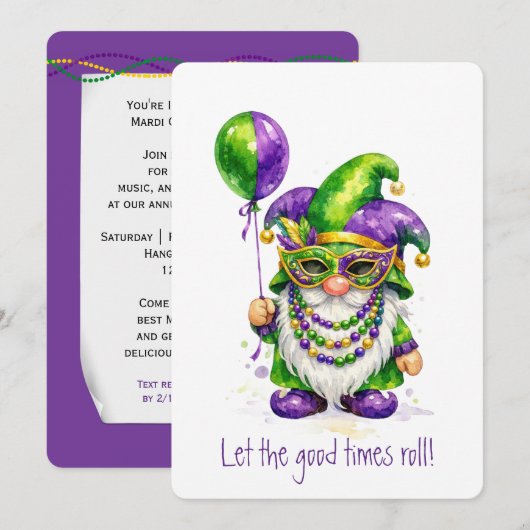 Mardi Gras Gnome with Party Balloon 招待状 (正面/裏面)