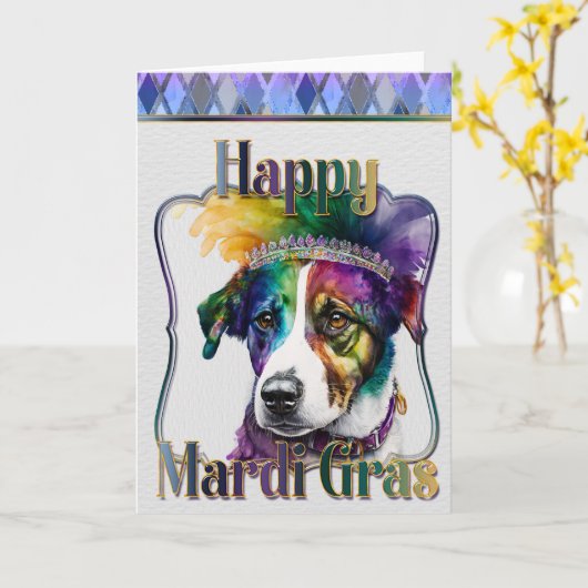 Mardi Gras Greeting Card、Mardi Gras Jack Russell カード (黄色い花)