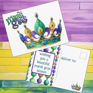 Mardi Gras Greeting with Crown and Beads シーズンポストカード