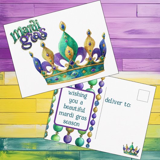 Mardi Gras Greeting with Crown and Beads シーズンポストカード
