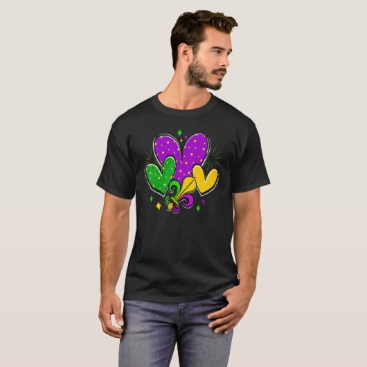 Mardi Gras Hearts Love Mardi Gras Fleur De Lys Fes Tシャツ (正面フル)