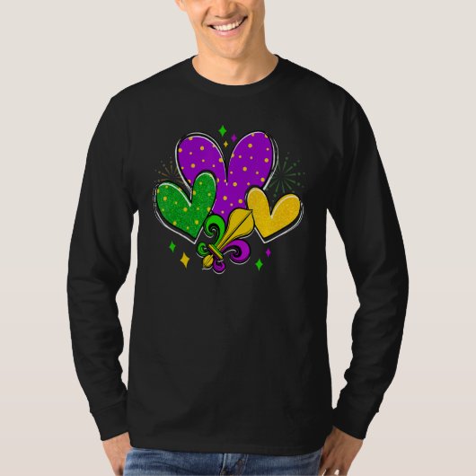 Mardi Gras Hearts Love Mardi Gras Fleur De Lys Fes Tシャツ (正面)