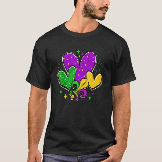 Mardi Gras Hearts Love Mardi Gras Fleur De Lys Fes Tシャツ (正面)