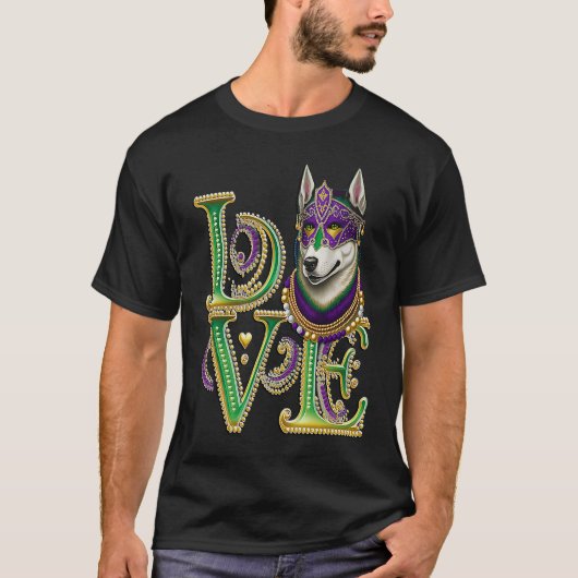 Mardi Gras Husky Word LOVE Masquerade Tシャツ (正面)