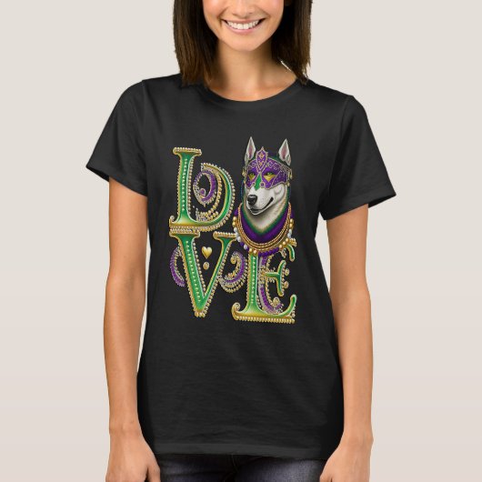 Mardi Gras Husky Word LOVE Masquerade Tシャツ (正面)