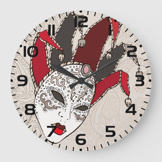 Mardi Gras Jester Mask Venetian Carnival ラージ壁時計 (正面)