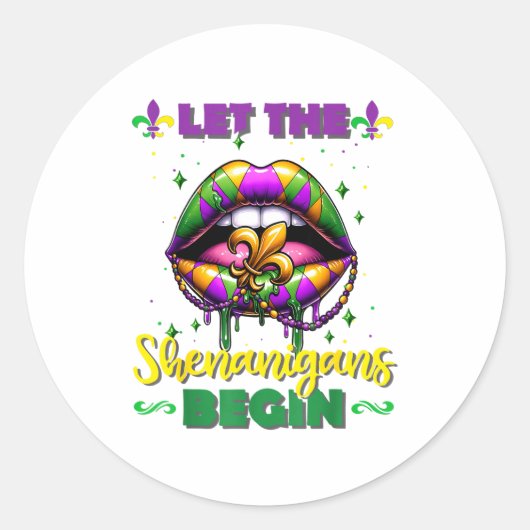 Mardi Gras Let The Shenanigans Begin Lips Kids Men ラウンドシール (正面)