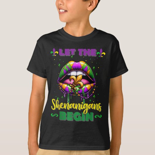 Mardi Gras Let The Shenanigans Begin Lips Kids Men Tシャツ (正面)
