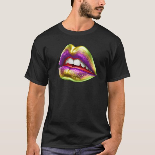 Mardi Gras Lips Green Purple & Gold Tシャツ (正面)