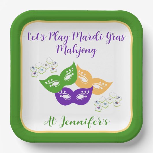 Mardi Gras Mahjong PERSONALIZE Green Gold Purple  ペーパープレート (正面)