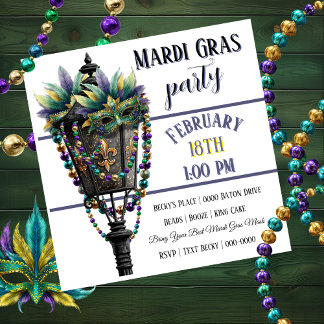 Mardi Gras Mask and Gas Lamp with Beads 招待状