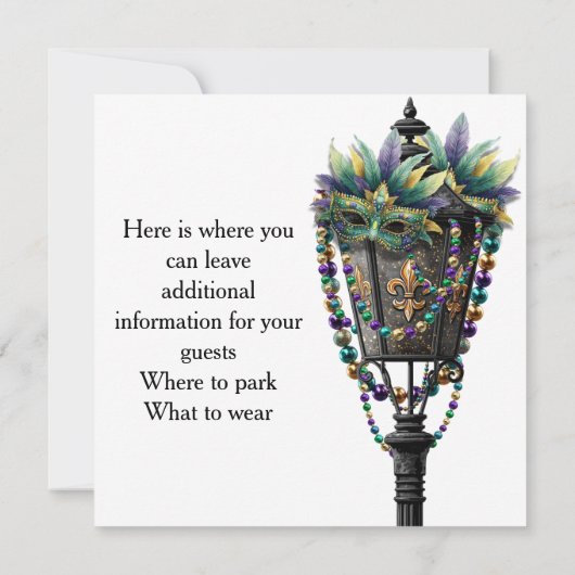 Mardi Gras Mask and Gas Lamp with Beads 招待状 (裏面)