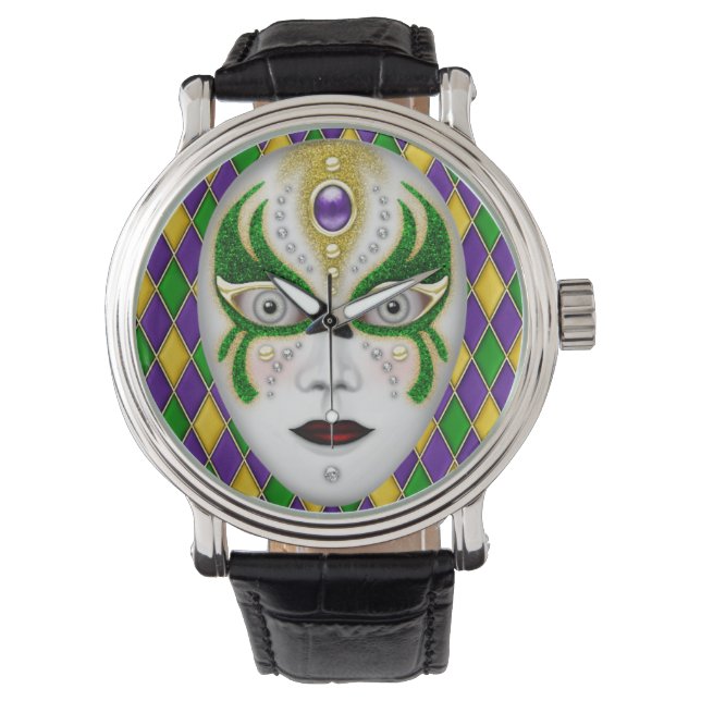 Mardi Gras Mask on Harlequin背景 腕時計 (正面)
