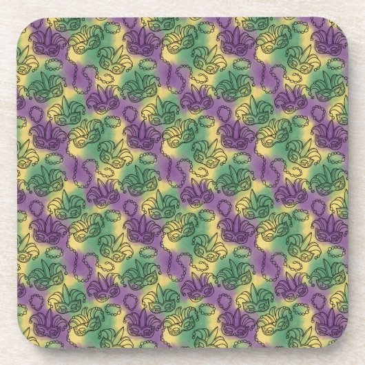 Mardi Gras Masks and Beads Doodle Art Style コースター (正面)