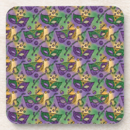 Mardi Gras Masks and Beads Purple Green Yellow コースター
