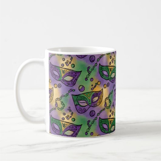 Mardi Gras Masks and Beads Purple Green Yellow コーヒーマグカップ (左)