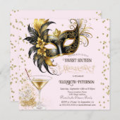 Mardi Gras Masque Diamonds Champagne Sweet 16   招待状 (正面/裏面)