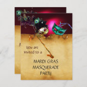 MARDI GRAS MASQUERADEパーティー、赤いブルゴーニュ 招待状 (正面/裏面)