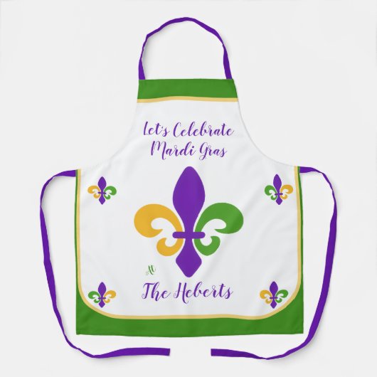 Mardi Gras NAME Green Gold Purple Fleur de Lis エプロン (正面)
