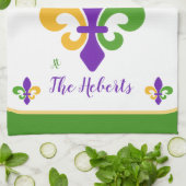Mardi Gras NAME Green Gold Purple Fleur de Lis キッチンタオル (折り畳み)