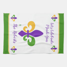 Mardi Gras NAME Green Gold Purple Fleur de Lis キッチンタオル