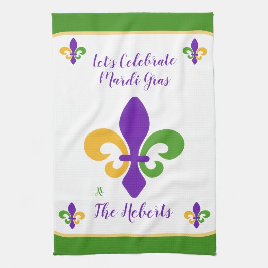 Mardi Gras NAME Green Gold Purple Fleur de Lis キッチンタオル (縦)