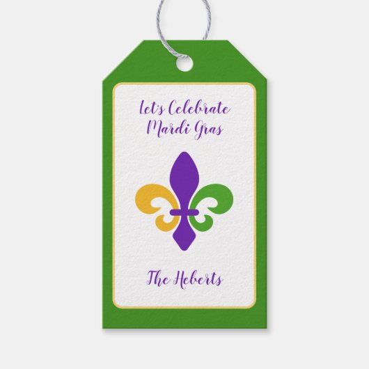 Mardi Gras NAME Green Gold Purple Fleur de Lis ギフトタグ (正面)
