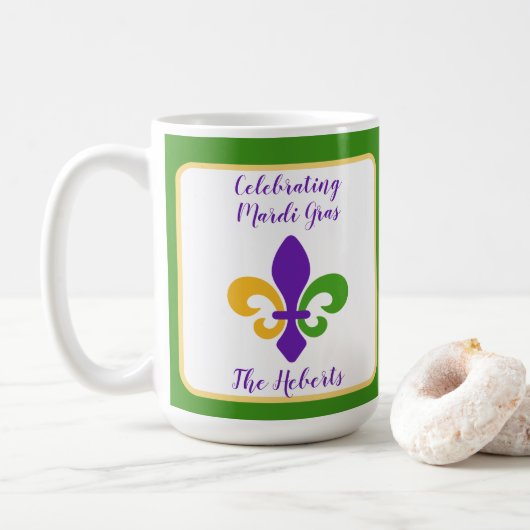 Mardi Gras NAME Green Gold Purple Fleur de Lis コーヒーマグカップ (ドーナツ)