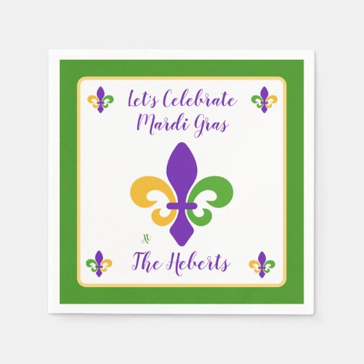 Mardi Gras NAME Green Gold Purple Fleur de Lis スタンダードカクテルナプキン (正面)