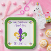 Mardi Gras NAME Green Gold Purple Fleur de Lis ペーパープレート (パーティー)