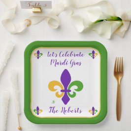 Mardi Gras NAME Green Gold Purple Fleur de Lis ペーパープレート