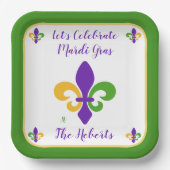 Mardi Gras NAME Green Gold Purple Fleur de Lis ペーパープレート (正面)
