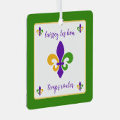 Mardi Gras NAME Green Gold Purple Fleur de Lis メタルオーナメント (正面右)